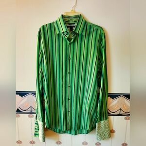 Banana Republic Green Striped Casual Button Down Shirt Size L-16 - 16.5